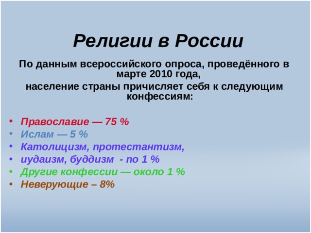 Религии в России По данным всероссийского опроса, проведённого в марте 2010 года, население страны причисляет себя к следующим конфессиям:  Православие — 75 % Ислам — 5 % Католицизм, протестантизм, иудаизм, буддизм - по 1 % Другие конфессии — около 1 % Неверующие – 8% 
