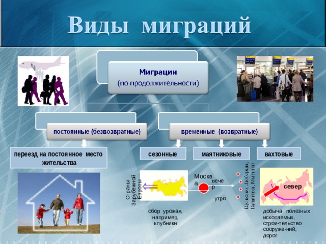 Страны Зарубежной Европы маятниковые сезонные переезд на постоянное место жительства вахтовые Москва вечер север утро добыча полезных ископаемых, строи-тельство сооруже-ний, дорог сбор урожая, например, клубники  