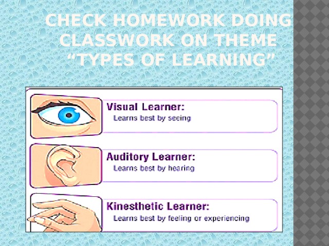 CHECK HOMEWORK DOING CLASSWORK ON THEME “ TYPES OF LEARNING” 