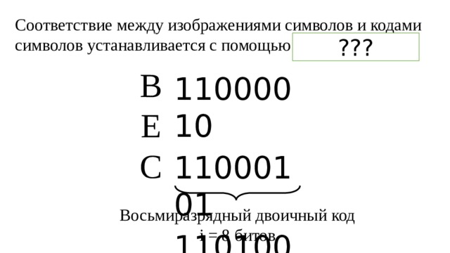 Соответствие между изображениями символов и кодами символов устанавливается с помощью кодовых таблиц ??? В  Е  С 11000010 11000101 11010001 Восьмиразрядный двоичный код i = 8 битов 