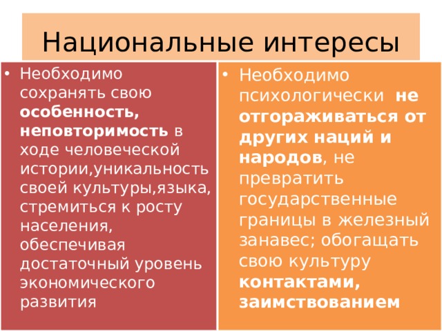 Национальные интересы Необходимо сохранять свою особенность, неповторимость в ходе человеческой истории,уникальность своей культуры,языка, стремиться к росту населения, обеспечивая достаточный уровень экономического развития Необходимо психологически не отгораживаться от других наций и народов , не превратить государственные границы в железный занавес; обогащать свою культуру контактами, заимствованием 