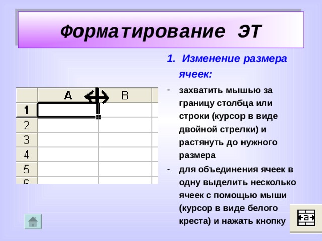 Форматирование ЭТ 1. Изменение размера ячеек: захватить мышью за границу столбца или строки (курсор в виде двойной стрелки) и растянуть до нужного размера для объединения ячеек в одну выделить несколько ячеек с помощью мыши (курсор в виде белого креста) и нажать кнопку   