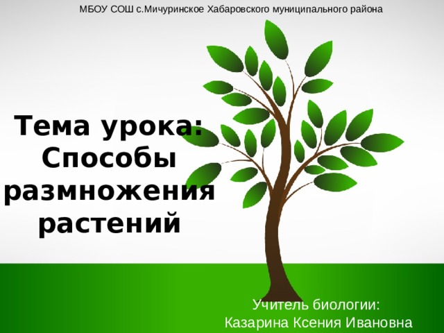 МБОУ СОШ с.Мичуринское Хабаровского муниципального района Тема урока:  Способы размножения растений Учитель биологии:  Казарина Ксения Ивановна  