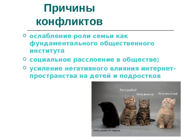Причины конфликтов ослабление роли семьи как фундаментального общественного института социальное расслоение в обществе; усиление негативного влияния интернет-пространства на детей и подростков 