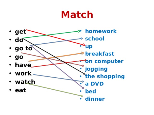 Match get do go to go have work watch eat homework school up breakfast on computer jogging the shopping a DVD bed dinner 