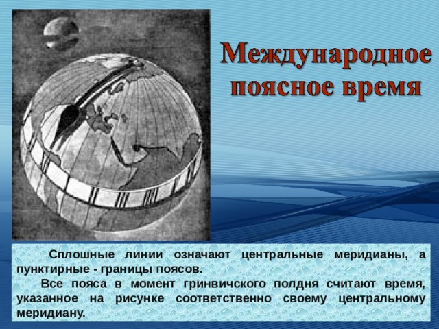  Сплошные линии означают центральные меридианы, а пунктирные - границы поясов.  Все пояса в момент гринвичского полдня считают время, указанное на рисунке соответственно своему центральному  меридиану.  