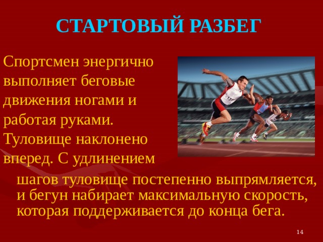 СТАРТОВЫЙ РАЗБЕГ Спортсмен энергично выполняет беговые движения ногами и работая руками. Туловище наклонено вперед. С удлинением  шагов туловище постепенно выпрямляется, и бегун набирает максимальную скорость, которая поддерживается до конца бега. 14 