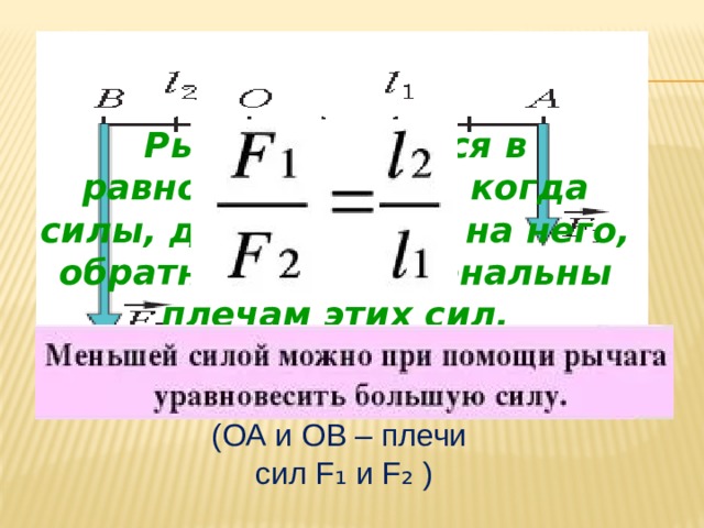 Рычаг находится в равновесии тогда, когда силы, действующие на него, обратно пропорциональны плечам этих сил. ℓ  - плечо силы, м.  (ОА и ОВ – плечи  сил F ₁ и F ₂ ) 