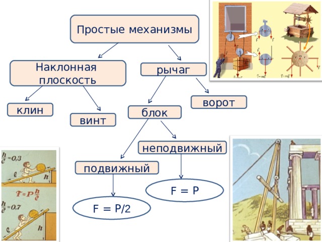 Простые механизмы Наклонная плоскость рычаг ворот клин блок винт неподвижный подвижный F = P F = P/ 2 