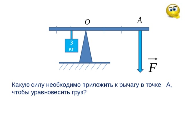 3 кг Какую силу необходимо приложить к рычагу в точке А, чтобы уравновесить груз? 