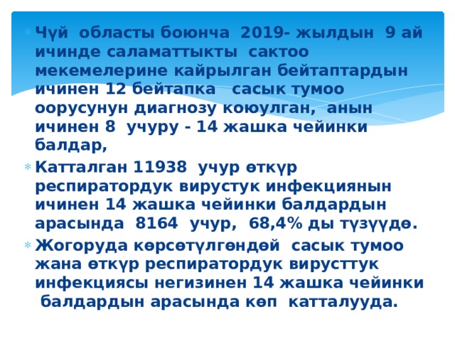 Чүй областы боюнча 2019- жылдын 9 ай ичинде саламаттыкты сактоо мекемелерине кайрылган бейтаптардын ичинен 12 бейтапка сасык тумоо оорусунун диагнозу коюулган, анын ичинен 8 учуру - 14 жашка чейинки балдар, Катталган 11938 учур өткүр респиратордук вирустук инфекциянын ичинен 14 жашка чейинки балдардын арасында 8164 учур, 68,4% ды түзүүдө. Жогоруда көрсөтүлгөндөй сасык тумоо жана өткүр респиратордук вирусттук инфекциясы негизинен 14 жашка чейинки балдардын арасында көп катталууда.  