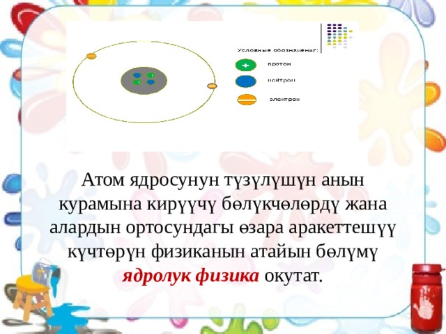 Атом ядросунун түзүлүшүн анын курамына кирүүчү бөлүкчөлөрдү жана алардын ортосундагы өзара аракеттешүү күчтөрүн физиканын атайын бөлүмү ядролук физика окутат. 