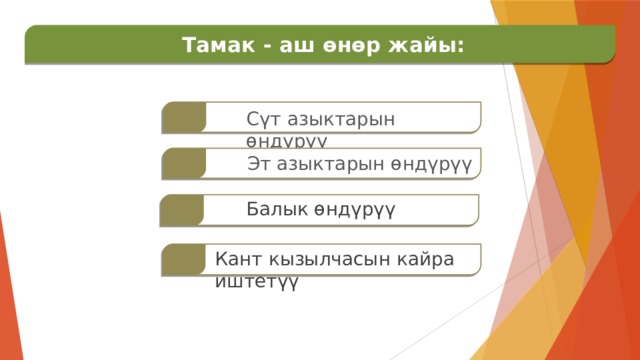  Тамак - аш өнөр жайы:   Сүт азыктарын өндүрүү   Эт азыктарын өндүрүү Балык өндүрүү   Кант кызылчасын кайра иштетүү   