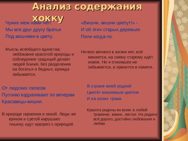 Анализ содержания хокку  Чужих меж нами нет! Мы все друг другу братья Под вишнями в цвету. Мысль всеобщего единства; любование красотой природы и соблюдение традиций делает людей ближе, без разделения на богатых и бедных, вражда забывается. «Вишни, вишни цветут!» - И об этих старых деревьях Пели когда-то. Ничего вечного в жизни нет, всё меняется, на смену старому идёт новое. Но и отжившее не забывается, а хранится в памяти. В стране моей родной Цветёт вишневым цветом И на полях трава. Красота родины во всем: в любой травинке, камне, листке. На родине всё дорого, достойно любования и любви. От людских голосов Пугливо вздрагивают по вечерам Красавицы-вишни. В природе гармония и покой. Люди же криком и суетой нарушают тишину, идут вразрез с природой. 