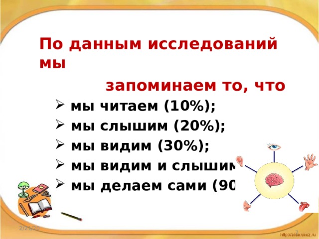 По данным исследований мы  запоминаем то, что  мы читаем (10%);  мы слышим (20%);  мы видим (30%);  мы видим и слышим (70%);  мы делаем сами (90%) 2/21/20