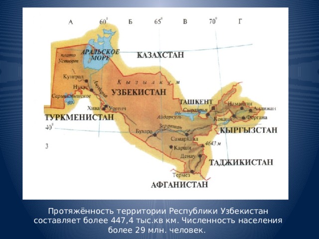 Протяжённость территории Республики Узбекистан составляет более 447,4 тыс.кв км. Численность населения более 29 млн. человек.
