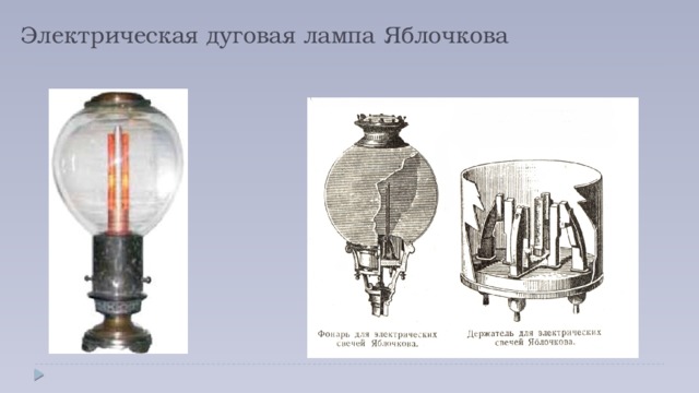 Электрическая дуговая лампа Яблочкова 