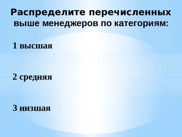 Распределите перечисленных выше менеджеров по категориям: 1 высшая   2 средняя   3 низшая  