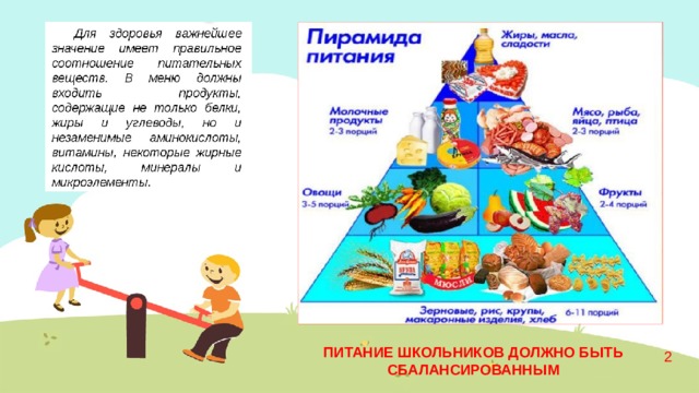 Три правила в питании:  Разнообразие, Умеренность, Своевременность.  Фактор питания является одним из важнейших в профилактике заболеваний, сохранении здоровья и повышения работоспособности. ПИТАНИЕ ШКОЛЬНИКОВ ДОЛЖНО БЫТЬ СБАЛАНСИРОВАННЫМ 2  