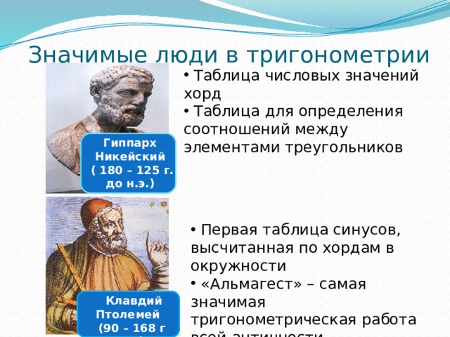 Значимые люди в тригонометрии  Таблица числовых значений хорд  Таблица для определения соотношений между элементами треугольников Гиппарх Никейский  ( 180 – 125 г. до н.э.)  Первая таблица синусов, высчитанная по хордам в окружности  «Альмагест» – самая значимая тригонометрическая работа всей античности  Клавдий Птолемей (90 – 168 г н.э) 