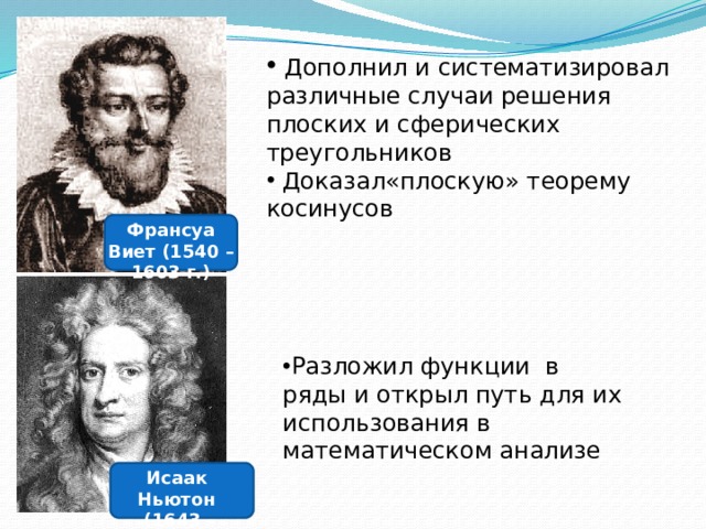  Дополнил и систематизировал различные случаи решения плоских и сферических треугольников  Доказал«плоскую» теорему косинусов Франсуа Виет (1540 – 1603 г.) Разложил функции в ряды и открыл путь для их использования в математическом анализе Исаак Ньютон  (1643 – 1727г.) 