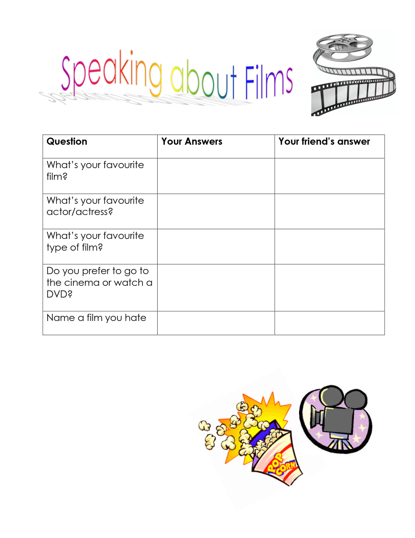 Talk about your favorite. Speaking Worksheets. Speaking activities. Types of films Worksheets. Speaking about films Worksheet.