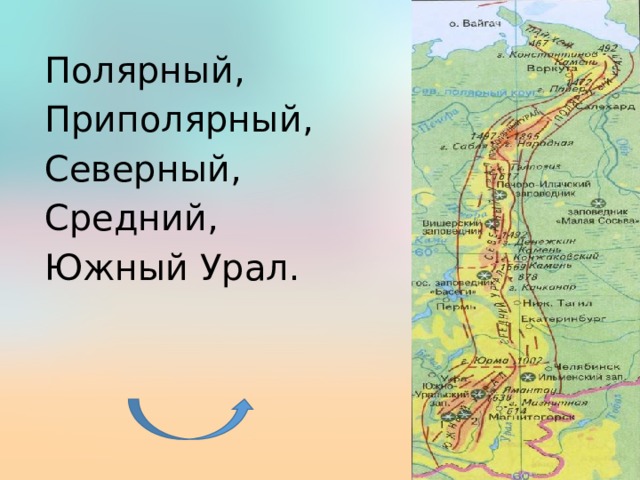 Полярный, Приполярный, Северный, Средний, Южный Урал. 