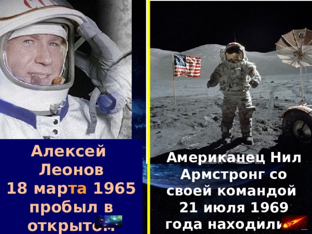 Алексей Леонов 18 мар та 1965 пробыл в открытом космосе 12 мин. 9 сек. Американец Нил Армстронг со своей командой 21 июля 1969 года находились на Луне 22 часа . 