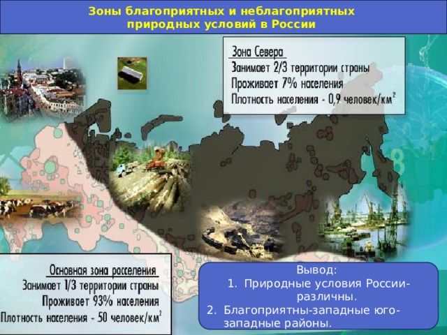 Зоны благоприятных и неблагоприятных природных условий в России Вывод: Природные условия России-различны. Благоприятны-западные юго-западные районы. 