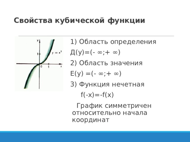 Кубическая функция. График функции кубической функции. Область значения кубической функции. Свойства функции кубической параболы. Кубическая функция ее свойства.