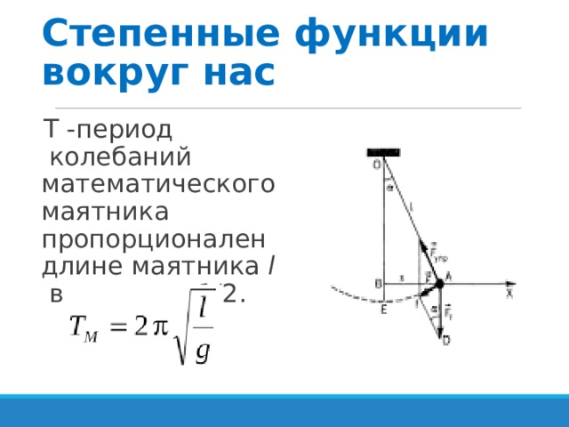 Формула периода математического маятника. Колебания математического маятника пропорционально корню. Степенная функция вокруг нас. Период колебаний математического маятника пропорционально. Колебания математического маятника пропорционален корню.