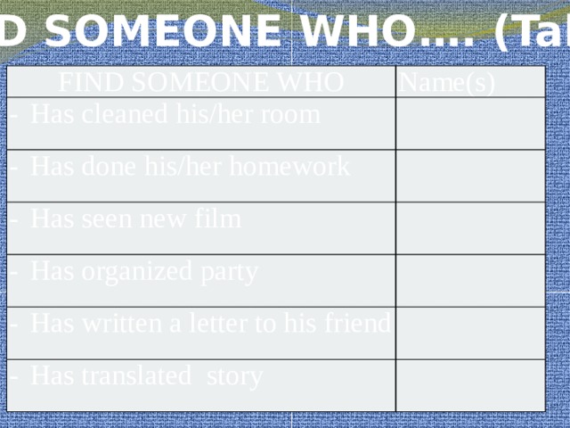 FIND SOMEONE WHO … . (Table) FIND SOMEONE WHO Name(s) Has cleaned his/her room Has done his/her homework Has seen new film Has organized party Has written a letter to his friend Has translated story 