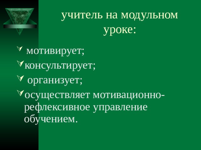 мотивирует; консультирует;  организует; осуществляет мотивационно-рефлексивное управление обучением. 