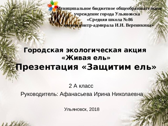  Муниципальное бюджетное общеобразовательное учреждение города Ульяновска  «Средняя школа №86 имени контр-адмирала И.И. Вереникина»     Городская экологическая акция  «Живая ель»  Презентация «Защитим ель» 2 А класс Руководитель: Афанасьева Ирина Николаевна Ульяновск, 2018 