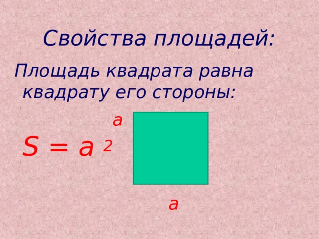 Свойства площадей:  Площадь квадрата равна квадрату его стороны:   a S = а 2   a 