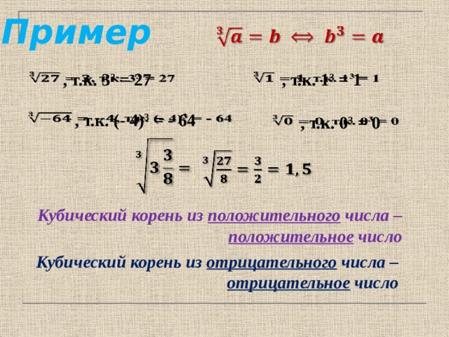 Пример   , т.к. 1 3 = 1   , т.к. 3 3 = 27     , т.к. (- 4) 3 = - 64 , т.к. 0 3 = 0         Кубический корень из положительного числа – положительное число Кубический корень из отрицательного числа – отрицательное число 
