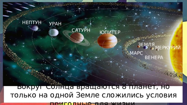 НЕПТУН УРАН САТУРН ЮПИТЕР ЗЕМЛЯ МЕРКУРИЙ МАРС ВЕНЕРА Вокруг Солнца вращаются 8 планет, но только на одной Земле сложились условия пригодные для жизни. 