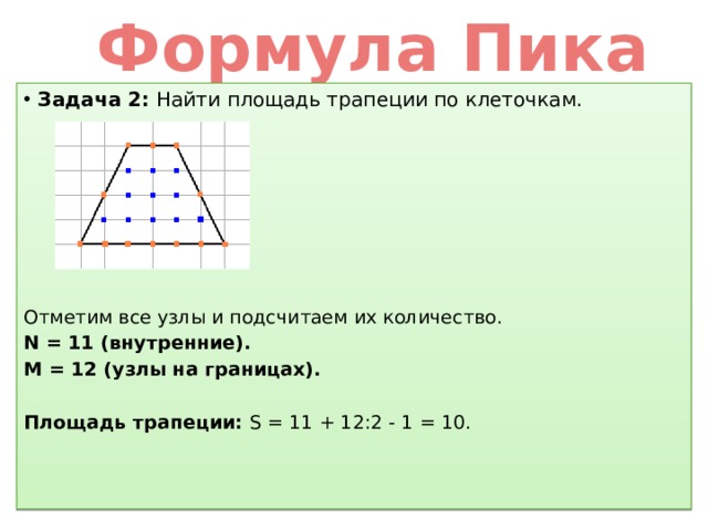 Трапеция 1 1 площадь. Площадь трапеции по клеточкам. Найти площадь трапеции по клеткам. Как найти площадь трапеции по клеткам. Площадь трапеции формула по клеточкам.