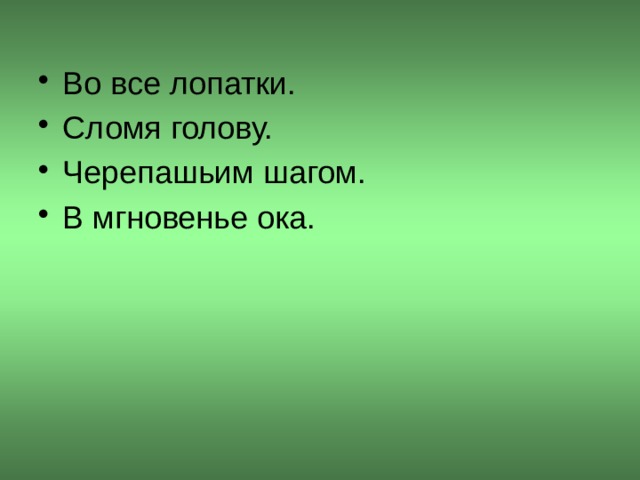 Во все лопатки. Сломя голову. Черепашьим шагом. В мгновенье ока.  