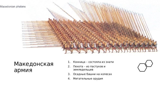 Македонская армия Конница – состояла из знати Пехота – из пастухов и земледельцев Осадные башни на колесах Метательные орудия 