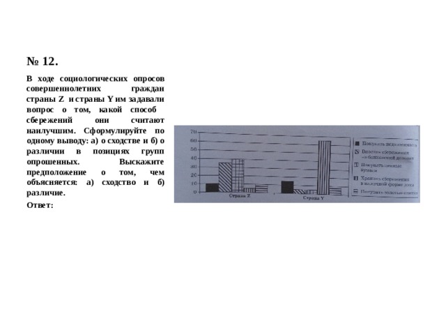 № 12. В ходе социологических опросов совершеннолетних граждан страны Z и страны Y им задавали вопрос о том, какой способ сбережений они считают наилучшим. Сформулируйте по одному выводу: а) о сходстве и б) о различии в позициях групп опрошенных. Выскажите предположение о том, чем объясняется: а) сходство и б) различие. Ответ: 