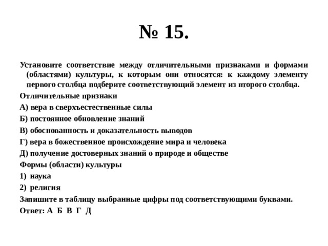 № 15. Установите соответствие между отличительными признаками и формами (областями) культуры, к которым они относятся: к каждому элементу первого столбца подберите соответствующий элемент из второго столбца. Отличительные признаки А) вера в сверхъестественные силы Б) постоянное обновление знаний В) обоснованность и доказательность выводов Г) вера в божественное происхождение мира и человека Д) получение достоверных знаний о природе и обществе Формы (области) культуры наука религия Запишите в таблицу выбранные цифры под соответствующими буквами. Ответ: А Б В Г Д 