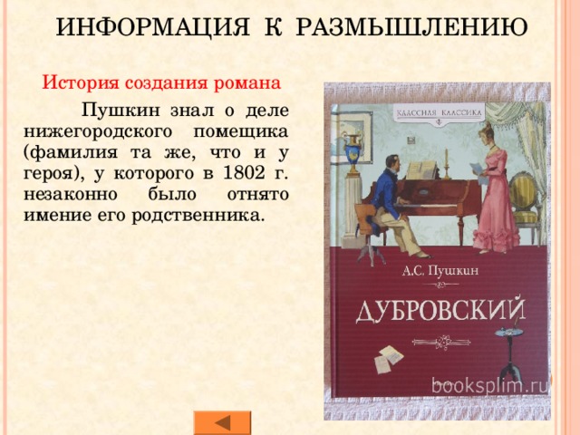 ИНФОРМАЦИЯ К РАЗМЫШЛЕНИЮ  История создания романа  Пушкин знал о деле нижегородского помещика (фамилия та же, что и у героя), у которого в 1802 г. незаконно было отнято имение его родственника. 