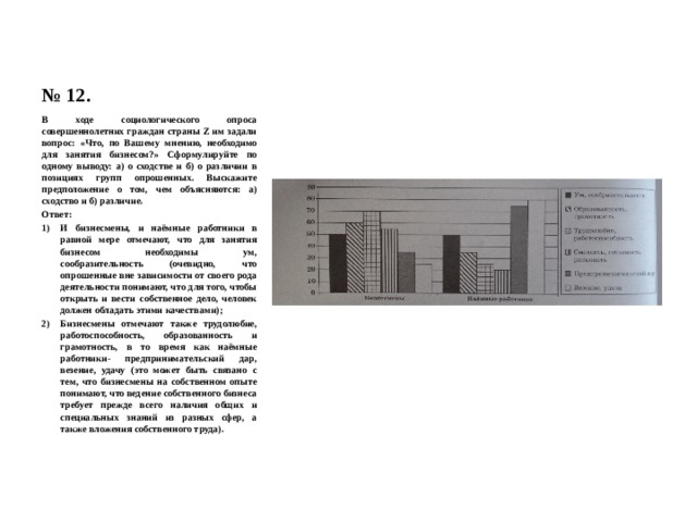 № 12. В ходе социологического опроса совершеннолетних граждан страны Z им задали вопрос: «Что, по Вашему мнению, необходимо для занятия бизнесом?» Сформулируйте по одному выводу: а) о сходстве и б) о различии в позициях групп опрошенных. Выскажите предположение о том, чем объясняются: а) сходство и б) различие. Ответ: И бизнесмены, и наёмные работники в равной мере отмечают, что для занятия бизнесом необходимы ум, сообразительность (очевидно, что опрошенные вне зависимости от своего рода деятельности понимают, что для того, чтобы открыть и вести собственное дело, человек должен обладать этими качествами); Бизнесмены отмечают также трудолюбие, работоспособность, образованность и грамотность, в то время как наёмные работники- предпринимательский дар, везение, удачу (это может быть связано с тем, что бизнесмены на собственном опыте понимают, что ведение собственного бизнеса требует прежде всего наличия общих и специальных знаний из разных сфер, а также вложения собственного труда). 