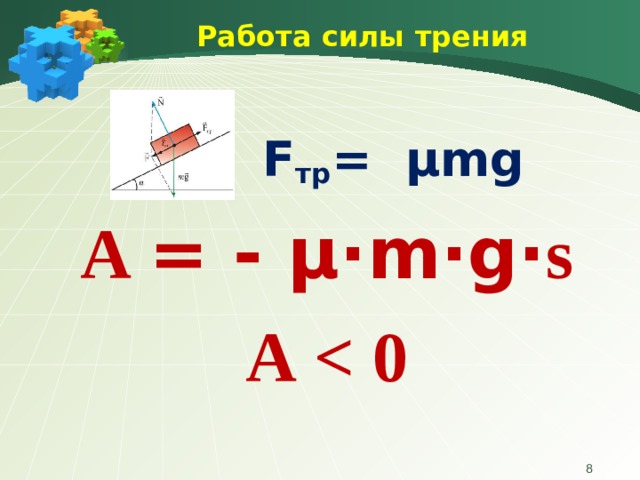 Работа силы  трения  F тр = μ mg A  = - μ∙ m∙g∙ s A   