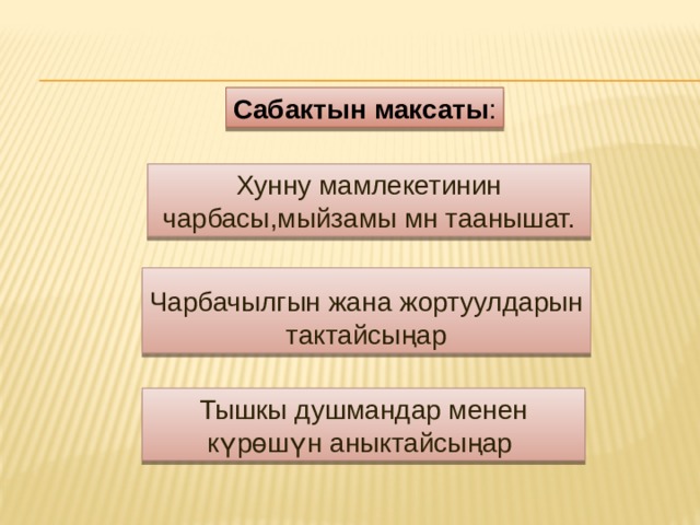 Сабактын максаты : Хунну мамлекетинин чарбасы,мыйзамы мн таанышат. Чарбачылгын жана жортуулдарын тактайсыңар Тышкы душмандар менен күрөшүн аныктайсыңар  