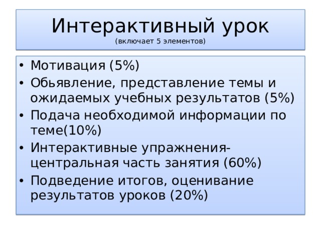 Интерактивный урок  ( включает 5 элементов ) Мотивация (5%) Обьявление, представление темы и ожидаемых учебных результатов (5%) Подача необходимой информации по теме(10%) Интерактивные упражнения-центральная часть занятия (60%) Подведение итогов, оценивание результатов уроков (20%) 