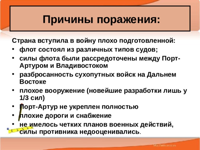  Причины поражения: Страна вступила в войну плохо подготовленной: флот состоял из различных типов судов; силы флота были рассредоточены между Порт-Артуром и Владивостоком разбросанность сухопутных войск на Дальнем Востоке плохое вооружение (новейшие разработки лишь у 1/3 сил) Порт-Артур не укреплен полностью плохие дороги и снабжение не имелось четких планов военных действий, силы противника недооценивались .  25.02.20 Антоненкова А.В. МОУ Будинская ООШ  