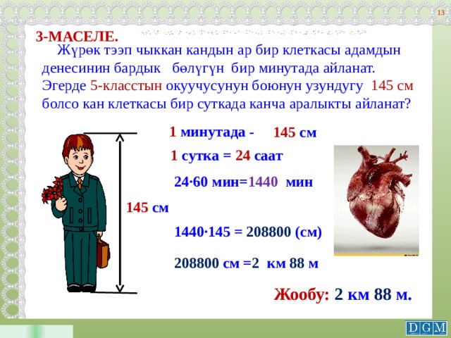12 3-МАСЕЛЕ.  Жүрөк тээп чыккан кандын ар бир клеткасы адамдын денесинин бардык бөлүгүн бир минутада айланат. Эгерде 5-класстын окуучусунун боюнун узундугу 145 см болсо кан клеткасы бир суткада канча аралыкты айланат? 1 минутада - 145 см 1 сутка = 24 саат 24·60 мин= 1440 мин 145 см  1440·145 = 208800 (см)  208800 см = 2 км 88 м Жообу:  2 км 88 м. 