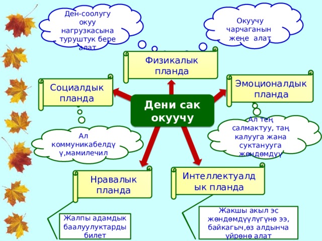 Окуучу чарчаганын жеңе алат Ден-соолугу окуу нагрузкасына туруштук бере алат Физикалык планда Эмоционалдык планда Социалдык планда Дени сак окуучу Ал тең салмактуу, таң калууга жана суктанууга жөндөмдүү Ал коммуникабелдүү,мамилечил Интеллектуалдык планда Нравалык планда Жакшы акыл эс жөндөмдүүлүгүнө ээ, байкагыч,өз алдынча үйрөнө алат Жалпы адамдык баалуулуктарды билет 